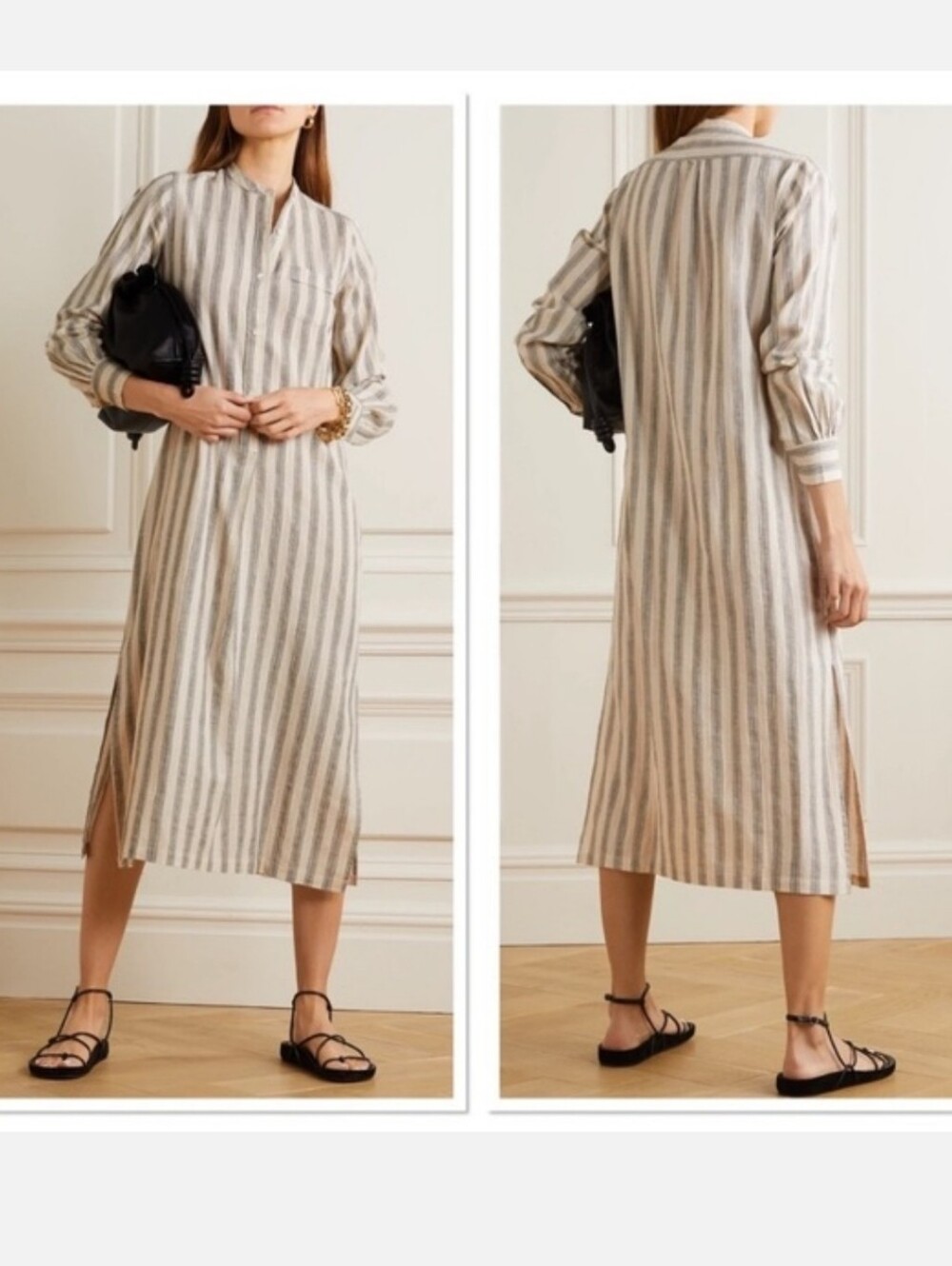 Nili Lotan Malia Linen Cotton Striped Resort Shirt Dress Midi Size L